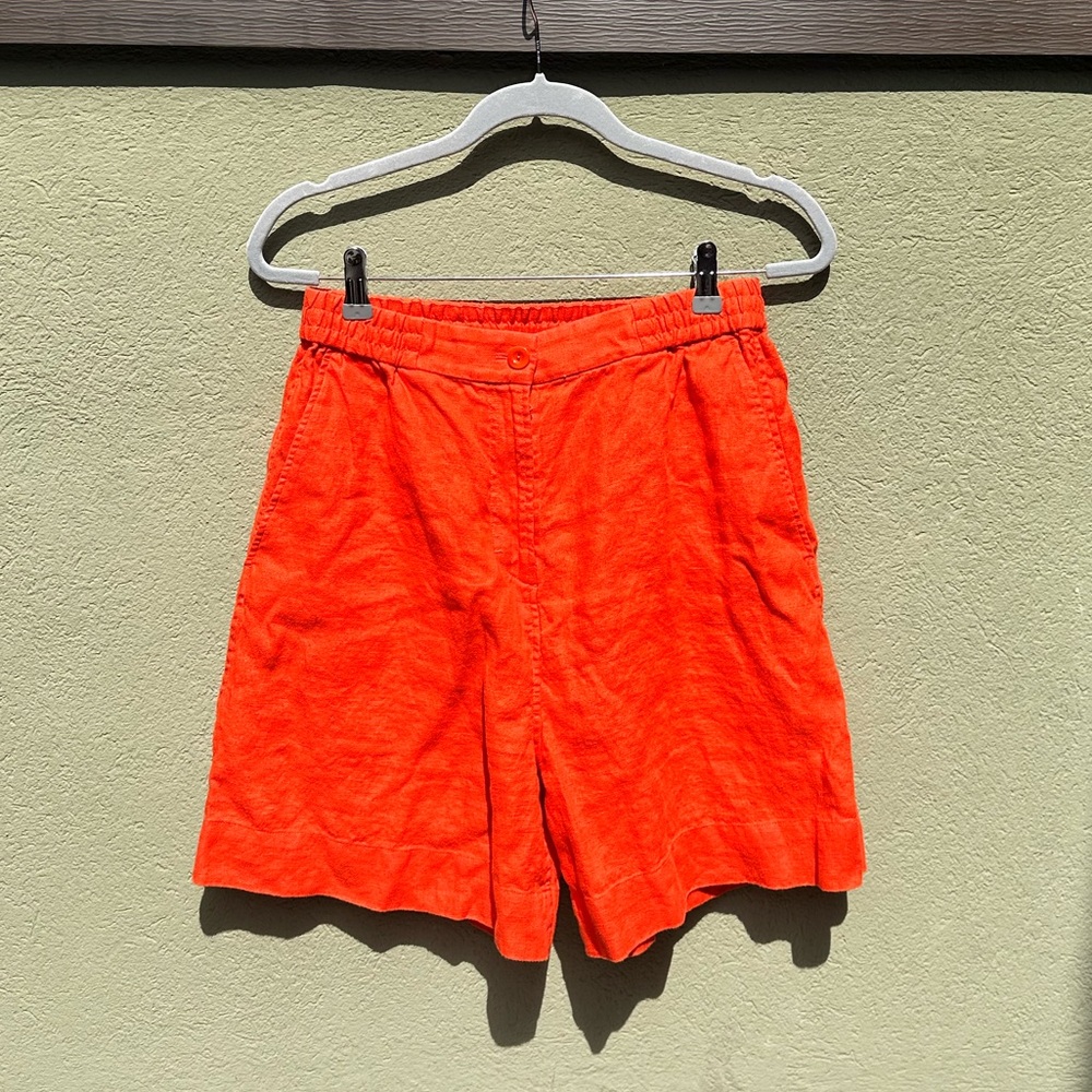 COS orange high-waisted linen shorts